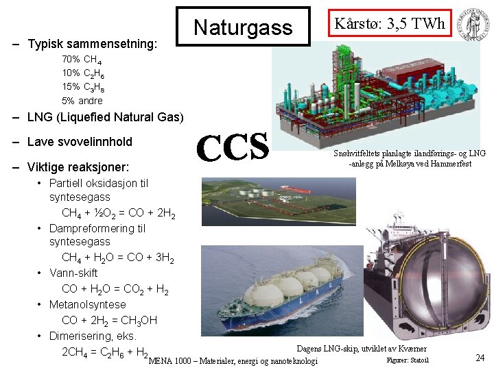 – Typisk sammensetning: Kårstø: 3, 5 TWh Naturgass 70% CH 4 10% C 2