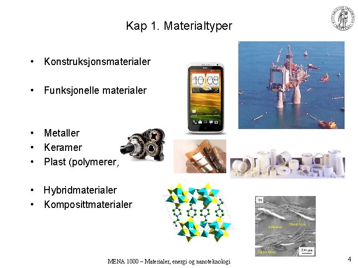 Kap 1. Materialtyper • Konstruksjonsmaterialer • Funksjonelle materialer • Metaller • Keramer • Plast