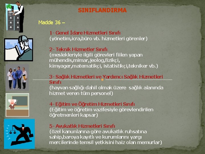 SINIFLANDIRMA Madde 36 – 1 - Genel İdare Hizmetleri Sınıfı (yönetim, icra, büro vb.