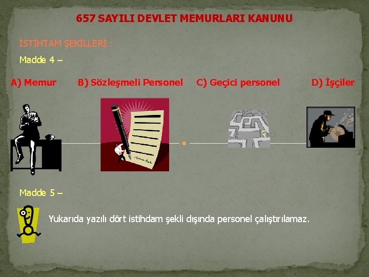 657 SAYILI DEVLET MEMURLARI KANUNU İSTİHTAM ŞEKİLLERİ : Madde 4 – A) Memur B)