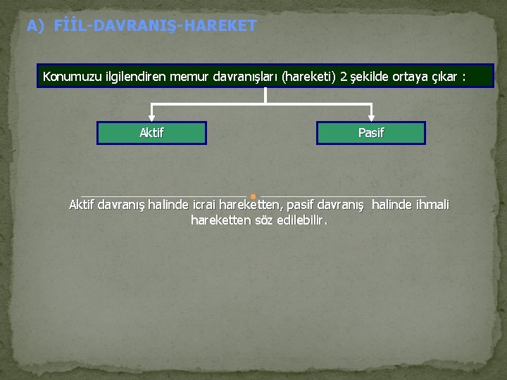A) FİİL-DAVRANIŞ-HAREKET Konumuzu ilgilendiren memur davranışları (hareketi) 2 şekilde ortaya çıkar : Aktif Pasif