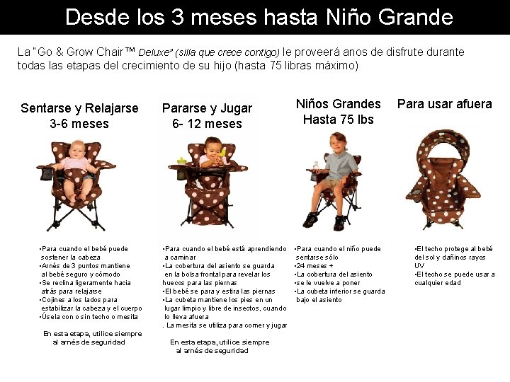 Desde los 3 meses hasta Niño Grande La “Go & Grow Chair™ Deluxe” (silla