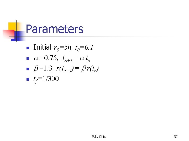 Parameters n n Initial r 0=5 n, t 0=0. 1 =0. 75, tn+1= tn