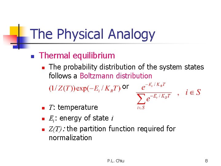 The Physical Analogy n Thermal equilibrium n n The probability distribution of the system