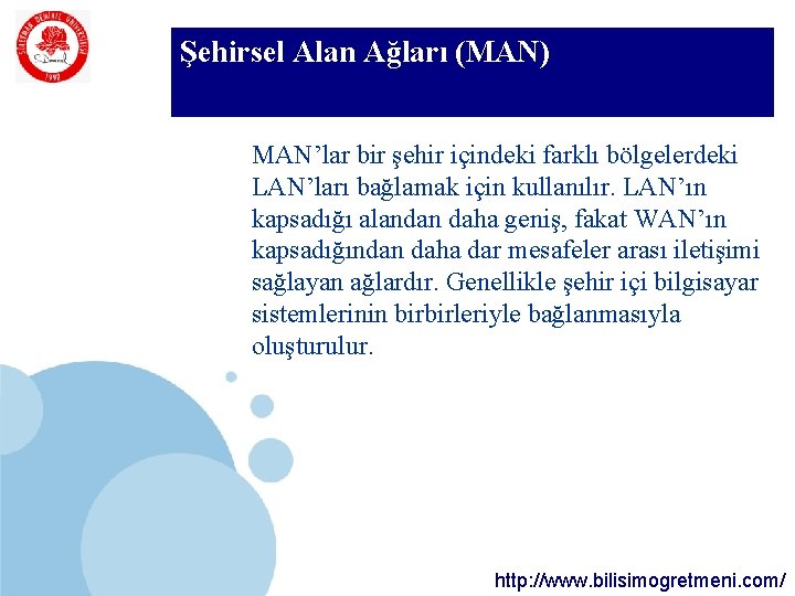 SDÜ Şehirsel Alan Ağları (MAN) KMYO MAN’lar bir şehir içindeki farklı bölgelerdeki LAN’ları bağlamak SDÜ Şehirsel Alan Ağları (MAN) KMYO MAN’lar bir şehir içindeki farklı bölgelerdeki LAN’ları bağlamak