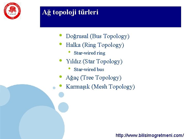 SDÜ Ağ topoloji türleri KMYO • • • Doğrusal (Bus Topology) Halka (Ring Topology) SDÜ Ağ topoloji türleri KMYO • • • Doğrusal (Bus Topology) Halka (Ring Topology)