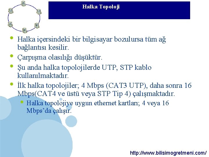 Halka Topoloji SDÜ KMYO • • Halka içersindeki bir bilgisayar bozulursa tüm ağ bağlantısı Halka Topoloji SDÜ KMYO • • Halka içersindeki bir bilgisayar bozulursa tüm ağ bağlantısı
