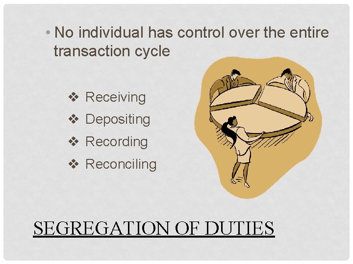  • No individual has control over the entire transaction cycle v Receiving v