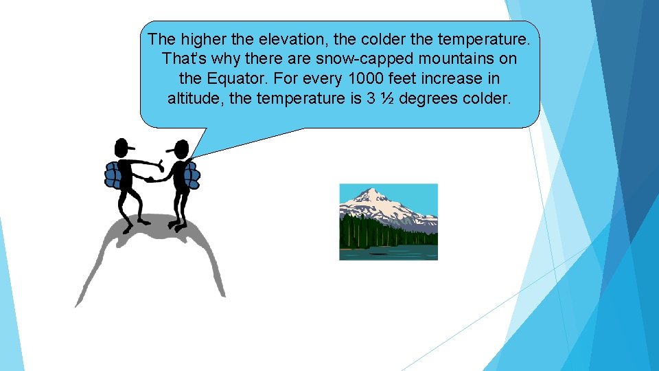 The higher the elevation, the colder the temperature. That’s why there are snow-capped mountains