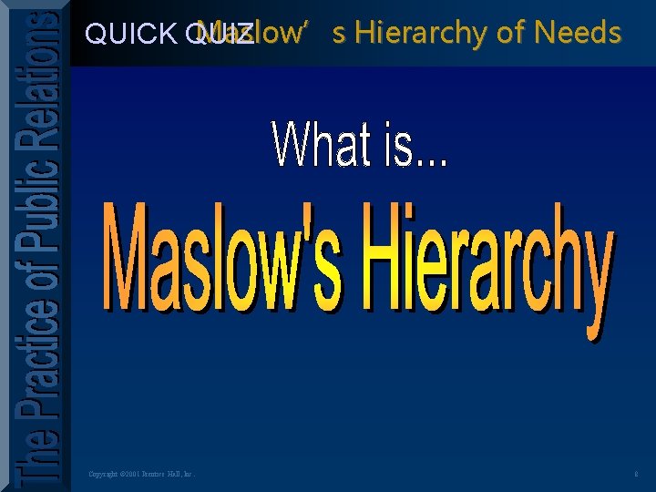 Maslow’s Hierarchy of Needs QUICK QUIZ Copyright © 2001 Prentice Hall, Inc. 8 