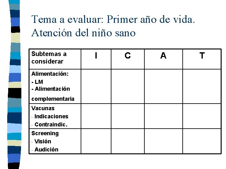 Tema a evaluar: Primer año de vida. Atención del niño sano Subtemas a considerar Tema a evaluar: Primer año de vida. Atención del niño sano Subtemas a considerar