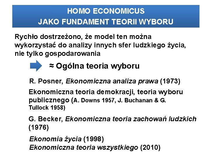 HOMO ECONOMICUS JAKO FUNDAMENT TEORII WYBORU Rychło dostrzeżono, że model ten można wykorzystać do