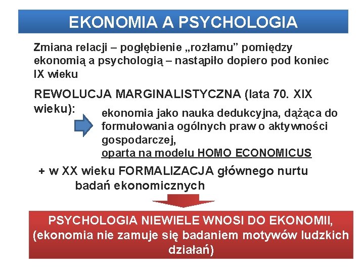 EKONOMIA A PSYCHOLOGIA Zmiana relacji – pogłębienie „rozłamu” pomiędzy ekonomią a psychologią – nastąpiło