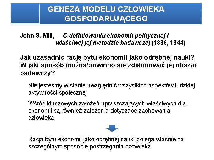 GENEZA MODELU CZŁOWIEKA GOSPODARUJĄCEGO John S. Mill, O definiowaniu ekonomii politycznej i właściwej jej