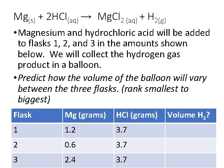 Mg(s) + 2 HCl(aq) → Mg. Cl 2 (aq) + H 2(g) • Magnesium