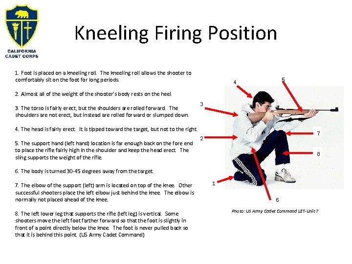 Kneeling Firing Position 1. Foot is placed on a kneeling roll. The kneeling roll Kneeling Firing Position 1. Foot is placed on a kneeling roll. The kneeling roll