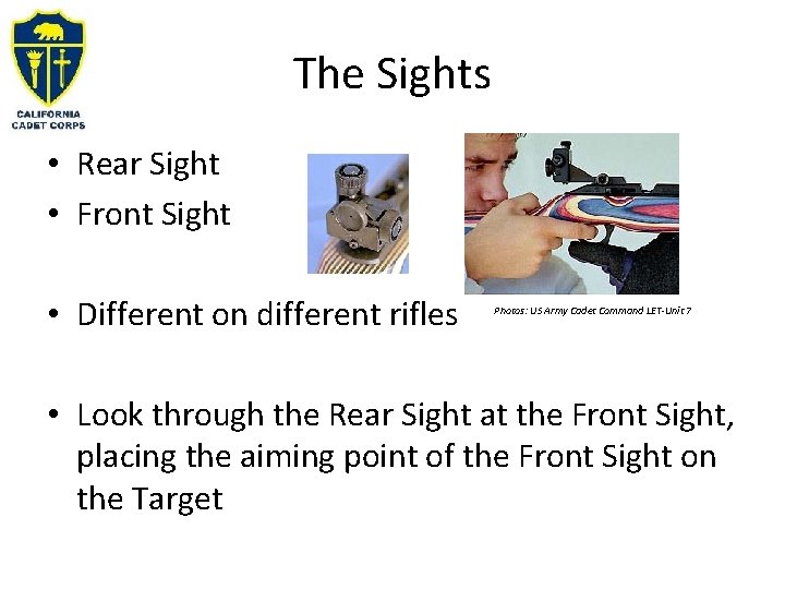 The Sights • Rear Sight • Front Sight • Different on different rifles Photos: