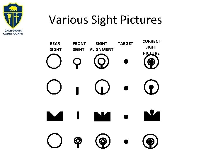 Various Sight Pictures REAR SIGHT FRONT SIGHT TARGET SIGHT ALIGNMENT CORRECT SIGHT PICTURE Various Sight Pictures REAR SIGHT FRONT SIGHT TARGET SIGHT ALIGNMENT CORRECT SIGHT PICTURE