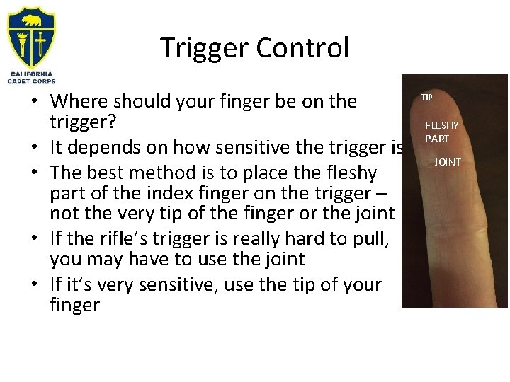 Trigger Control • Where should your finger be on the trigger? • It depends