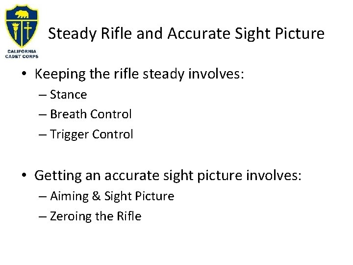 Steady Rifle and Accurate Sight Picture • Keeping the rifle steady involves: – Stance