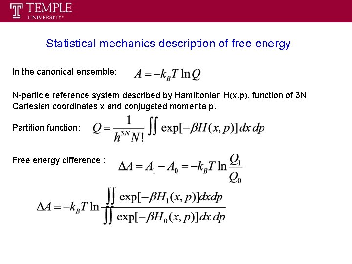 Statistical mechanics description of free energy In the canonical ensemble: N-particle reference system described