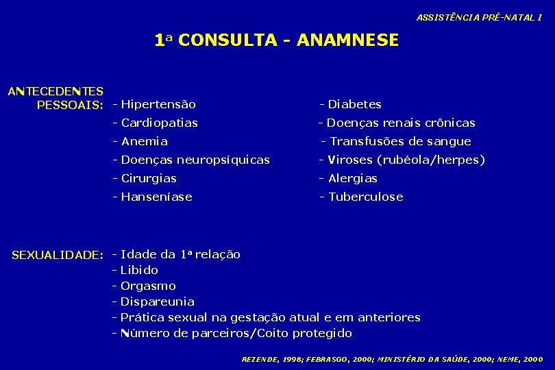 ASSISTÊNCIA PRÉ-NATAL I 1 a CONSULTA - ANAMNESE ANTECEDENTES PESSOAIS: - Hipertensão - Diabetes