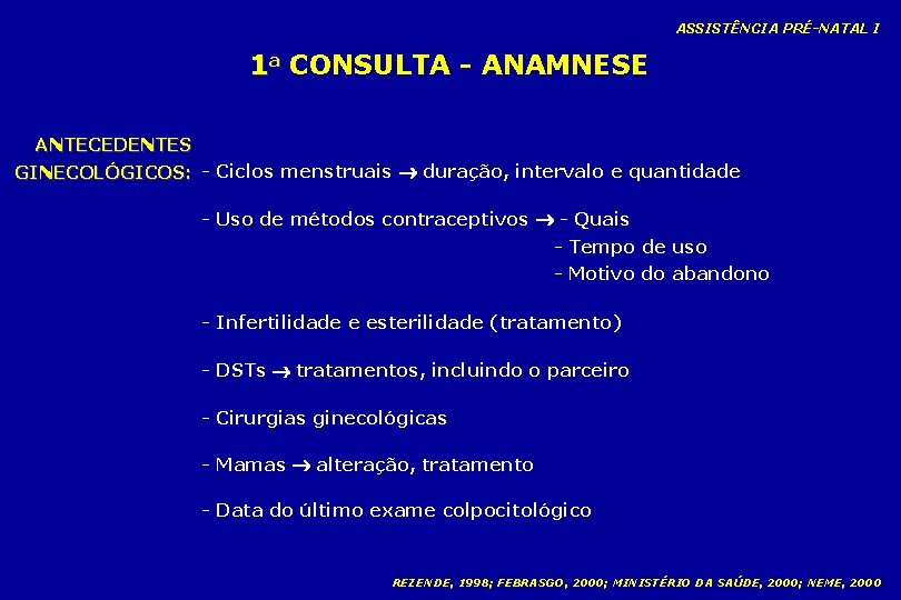 ASSISTÊNCIA PRÉ-NATAL I 1 a CONSULTA - ANAMNESE ANTECEDENTES GINECOLÓGICOS: - Ciclos menstruais duração,