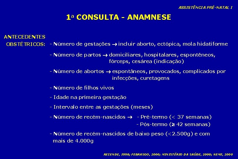 ASSISTÊNCIA PRÉ-NATAL I 1 a CONSULTA - ANAMNESE ANTECEDENTES OBSTÉTRICOS: - Número de gestações