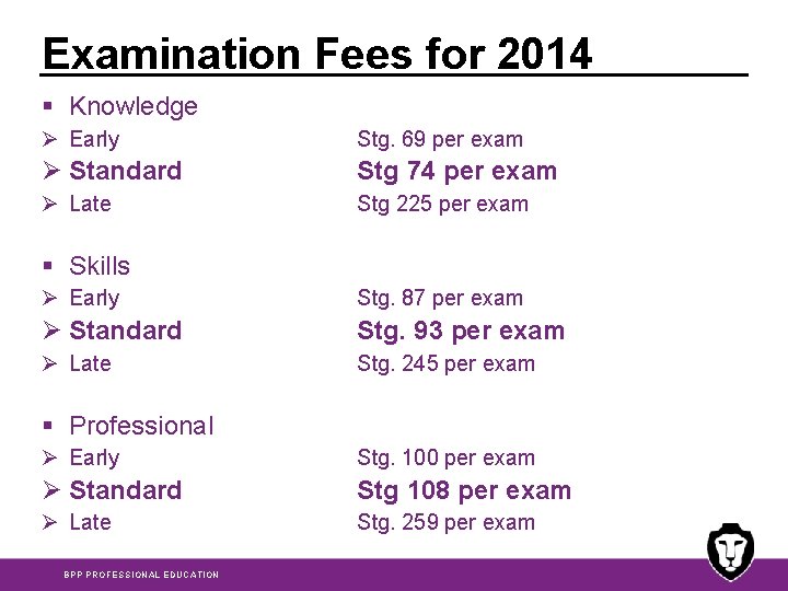 Examination Fees for 2014 § Knowledge Ø Early Stg. 69 per exam Ø Standard