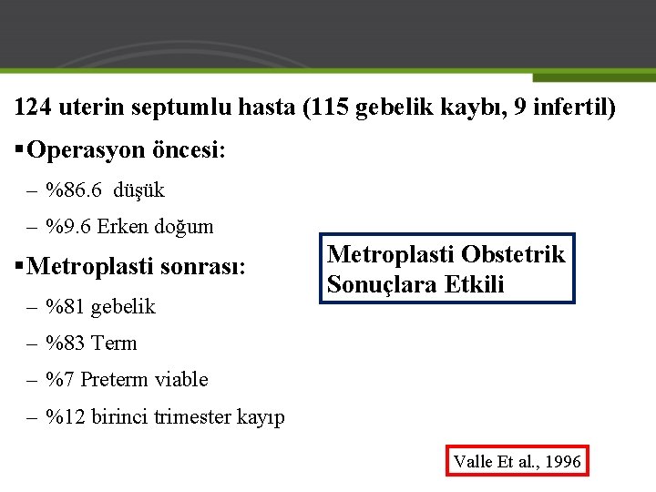 124 uterin septumlu hasta (115 gebelik kaybı, 9 infertil) § Operasyon öncesi: – %86.