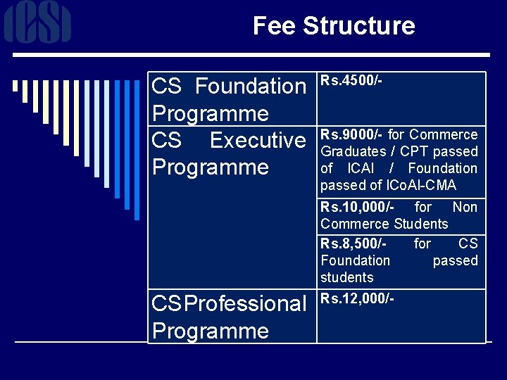 Fee Structure CS Foundation Rs. 4500/Programme for Commerce CS Executive Rs. 9000/- Graduates /