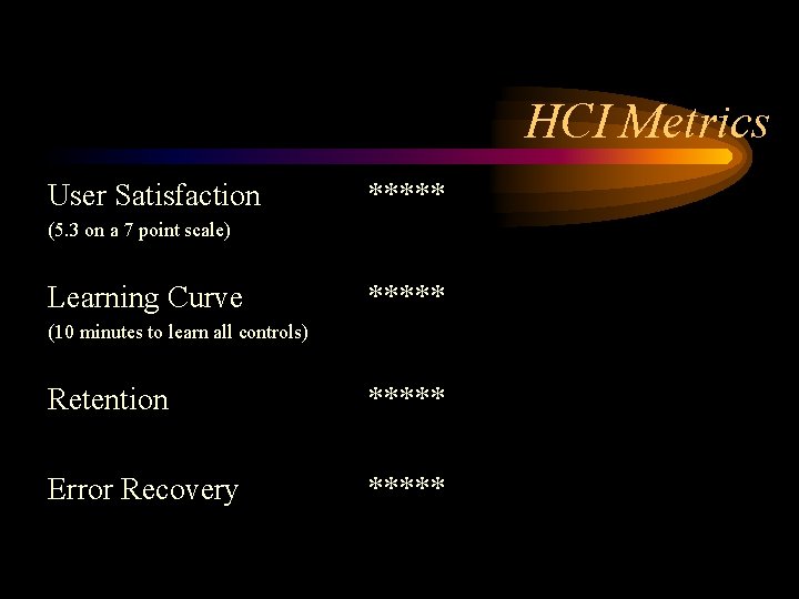 HCI Metrics User Satisfaction ***** (5. 3 on a 7 point scale) Learning Curve