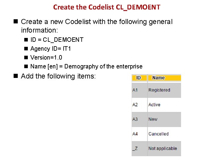 Create the Codelist CL_DEMOENT n Create a new Codelist with the following general information: