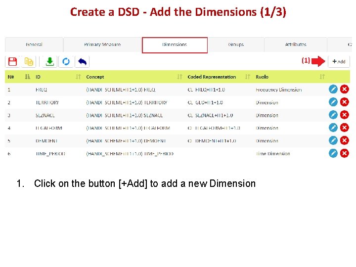 Create a DSD - Add the Dimensions (1/3) 1. Click on the button [+Add]
