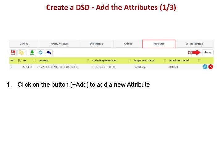 Create a DSD - Add the Attributes (1/3) 1. Click on the button [+Add]