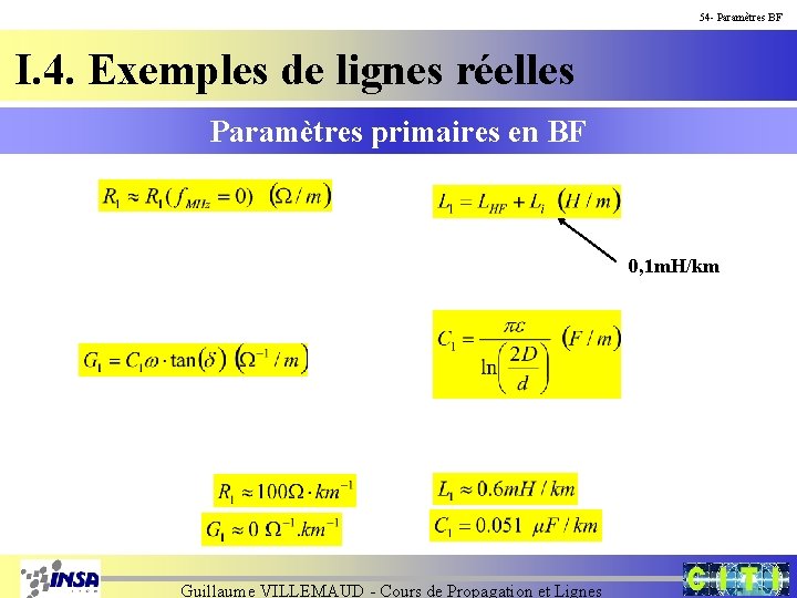 54 - Paramètres BF I. 4. Exemples de lignes réelles Paramètres primaires en BF