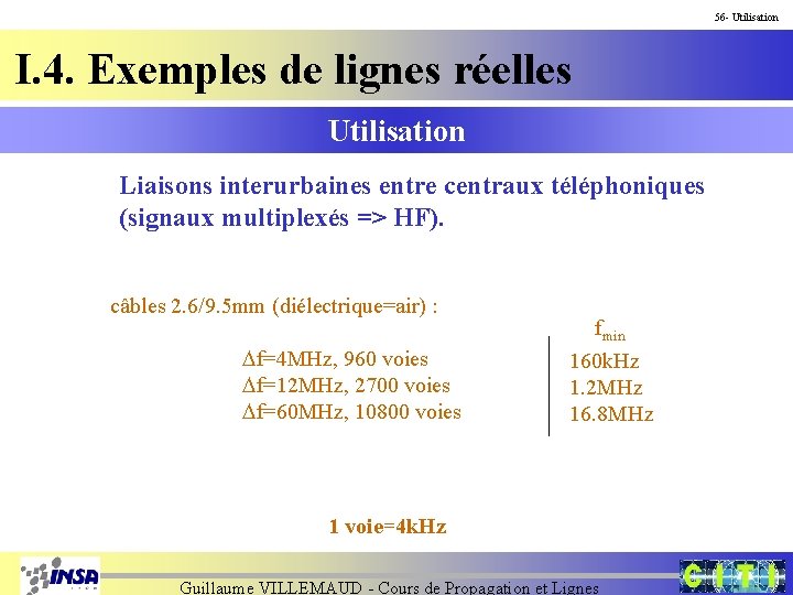 56 - Utilisation I. 4. Exemples de lignes réelles Utilisation Liaisons interurbaines entre centraux