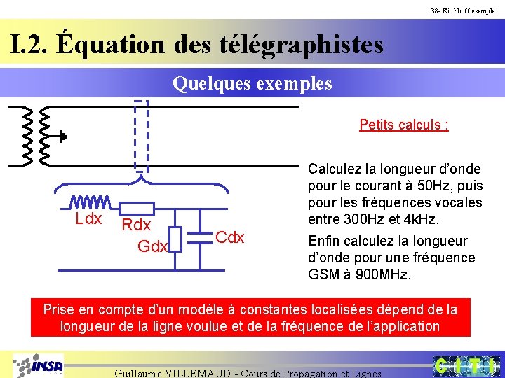 38 - Kirchhoff exemple I. 2. Équation des télégraphistes Quelques exemples Petits calculs :