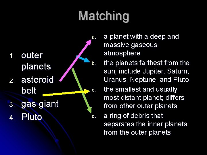 Matching a. 1. 2. 3. 4. outer planets asteroid belt gas giant Pluto b.