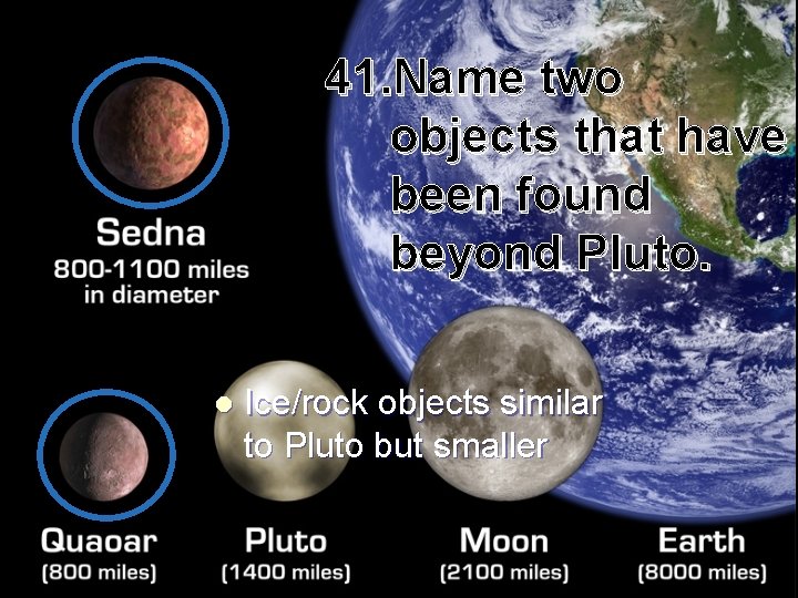 41. Name two objects that have been found beyond Pluto. l Ice/rock objects similar