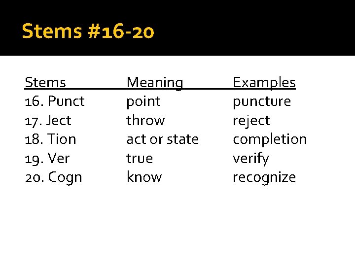 Stems #16 -20 Stems 16. Punct 17. Ject 18. Tion 19. Ver 20. Cogn