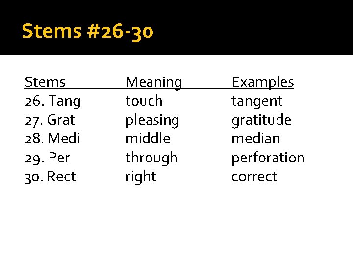 Stems #26 -30 Stems 26. Tang 27. Grat 28. Medi 29. Per 30. Rect
