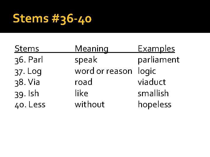 Stems #36 -40 Stems 36. Parl 37. Log 38. Via 39. Ish 40. Less