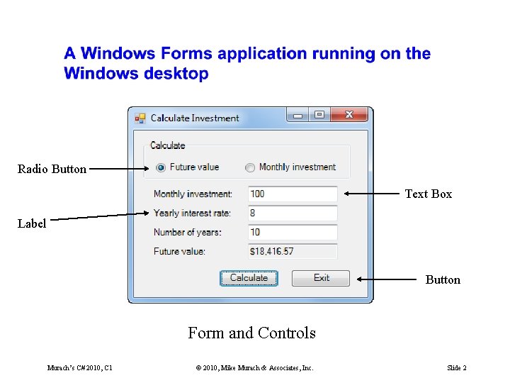 Radio Button Text Box Label Button Form and Controls Murach’s C# 2010, C 1