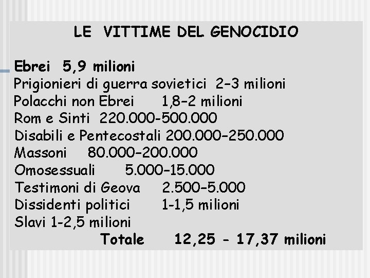 LE VITTIME DEL GENOCIDIO Ebrei 5, 9 milioni Prigionieri di guerra sovietici 2– 3