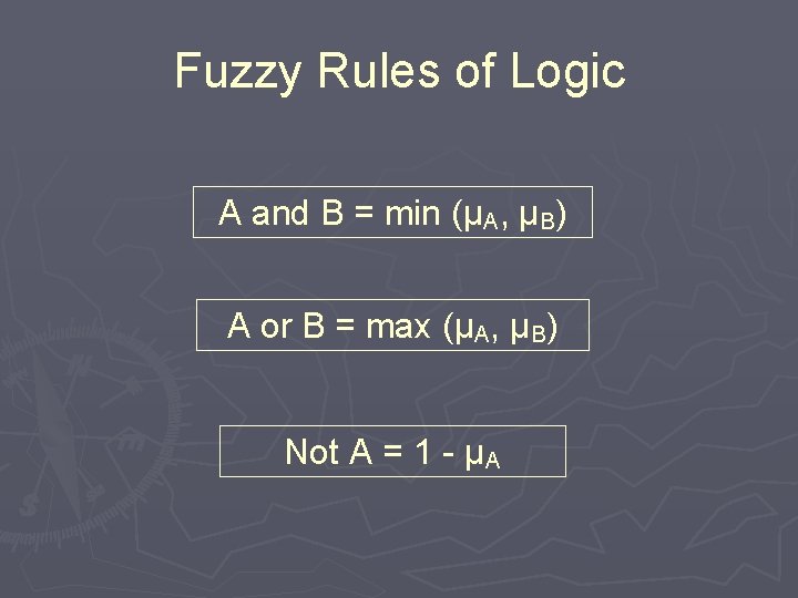 Fuzzy Rules of Logic A and B = min (µA, µB) A or B