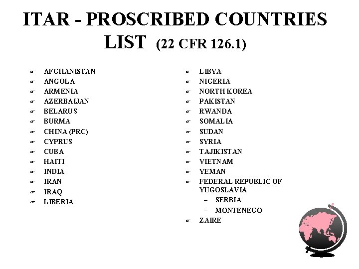 ITAR - PROSCRIBED COUNTRIES LIST (22 CFR 126. 1) F F F F AFGHANISTAN