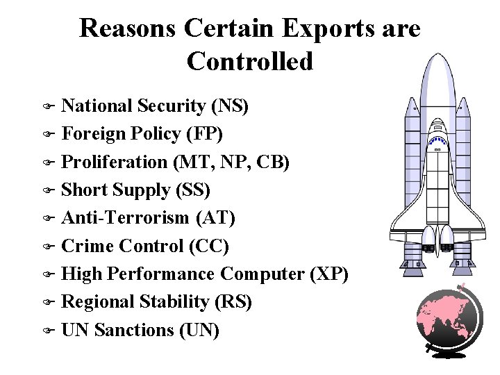 Reasons Certain Exports are Controlled National Security (NS) F Foreign Policy (FP) F Proliferation