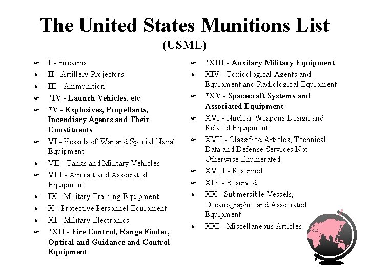 The United States Munitions List (USML) F F F I - Firearms II -