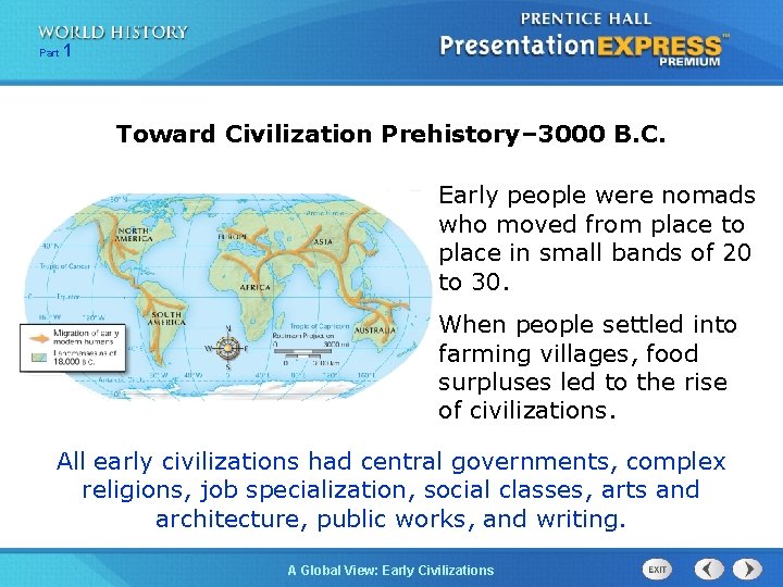 Part 1 Toward Civilization Prehistory– 3000 B. C. Early people were nomads who moved